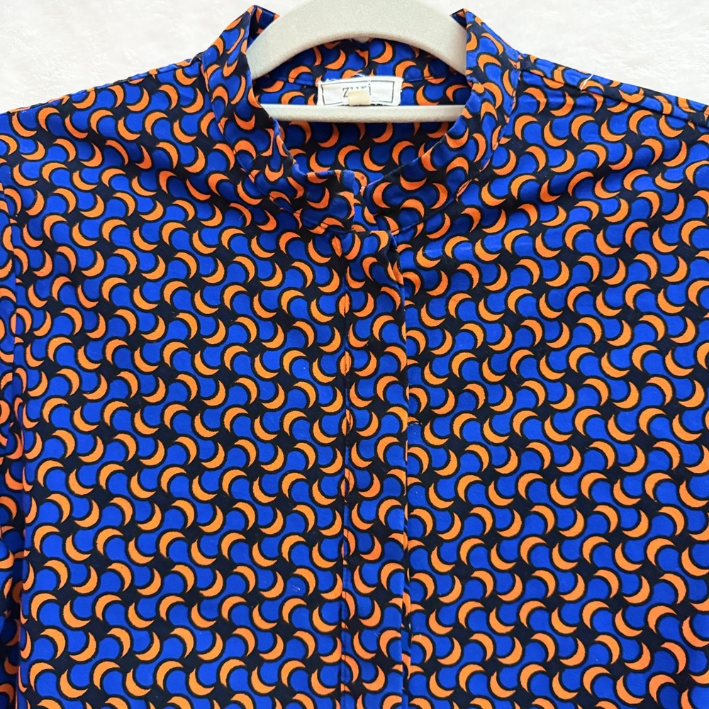 Zuri Kenya Blue Orange Crescent Moon Print Hi-Lo Tunic Mandarin Collar Shirt S